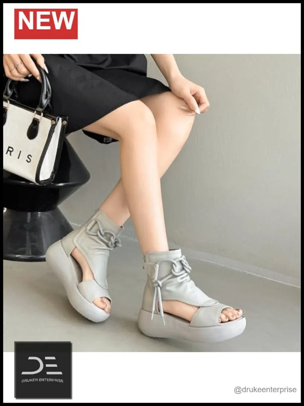 Women's Leather High Top Sandals Open Toe Lace Up Heeled Sandals